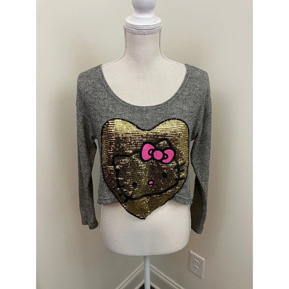 Hello Kitty Gray Crop Long Sleeve Sweater Sequined Design Size Youth XL